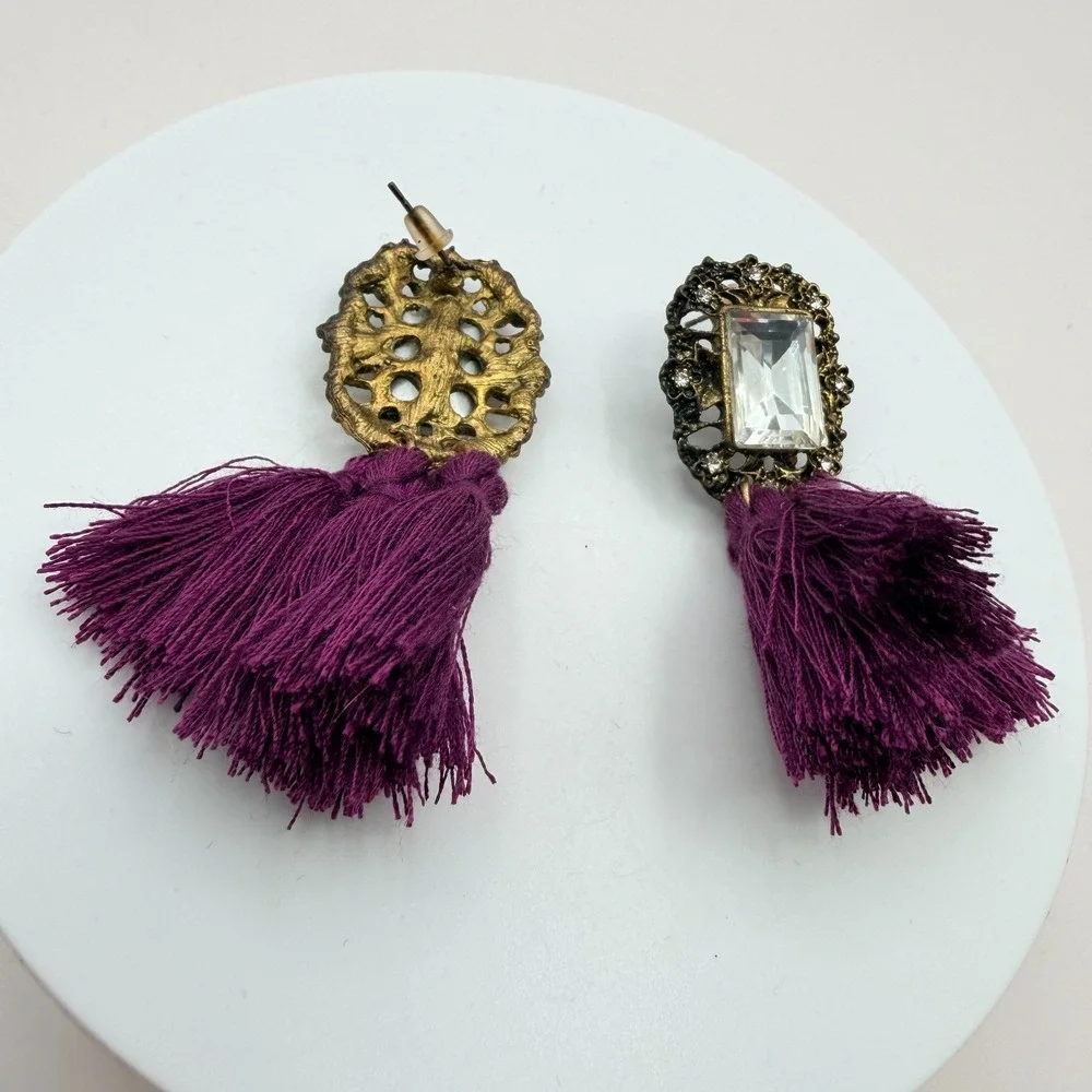Vintage Y2K Gold Tone Purple Tassel Emerald Cut Earrings Women's Classic Jewelry
